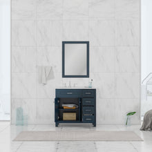 Alya Bath Norwalk 36" Single Blue Freestanding Bathroom Vanity With Drawers, Carrara Marble Top and Ceramic Sink and Wall Mounted Mirror - HE-101-36-DR-B-CWMT + HE-101/102-36-B-M
