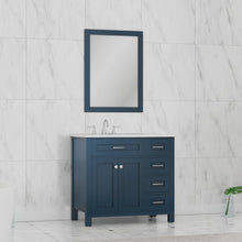 Alya Bath Norwalk 36" Single Blue Freestanding Bathroom Vanity With Drawers, Carrara Marble Top and Ceramic Sink and Wall Mounted Mirror - HE-101-36-DR-B-CWMT + HE-101/102-36-B-M
