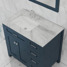 Alya Bath Norwalk 36" Single Blue Freestanding Bathroom Vanity With Drawers, Carrara Marble Top and Ceramic Sink and Wall Mounted Mirror - HE-101-36-DR-B-CWMT + HE-101/102-36-B-M