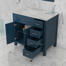 Alya Bath Norwalk 36" Single Blue Freestanding Bathroom Vanity With Drawers, Carrara Marble Top and Ceramic Sink and Wall Mounted Mirror - HE-101-36-DR-B-CWMT + HE-101/102-36-B-M
