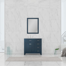 Alya Bath Norwalk 36" Single Blue Freestanding Bathroom Vanity With Drawers, Carrara Marble Top and Ceramic Sink and Wall Mounted Mirror - HE-101-36-DR-B-CWMT + HE-101/102-36-B-M