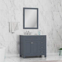 Alya Bath Norwalk 36" Single Gray Freestanding  Bathroom Vanity With Drawers, Carrara Marble Top, Ceramic Sink and Wall Mounted Mirror - HE-101-36-DR-G-CWMT + HE-101/102-36-G-M