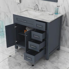 Alya Bath Norwalk 36" Single Gray Freestanding  Bathroom Vanity With Drawers, Carrara Marble Top, Ceramic Sink and Wall Mounted Mirror - HE-101-36-DR-G-CWMT + HE-101/102-36-G-M