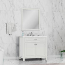 Alya Bath Norwalk 36" Single White Freestanding &nbsp;Bathroom Vanity With Carrara Marble Top, &nbsp;- HE-101-36-W-CWMT + HE-101/102-36-W-MCeramic Sink and Wall Mounted Mirror - HE-101-36-W-CWMT + HE-101/102-36-W-M