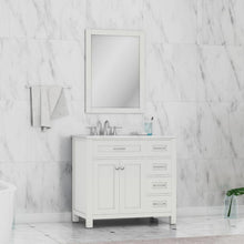 Alya Bath Norwalk 36" Single White Freestanding  Bathroom Vanity With Drawers, Carrara Marble Top and Ceramic Sink and Wall Mounted Mirror - HE-101-36-DR-W-CWMT + HE-101/102-36-W-M