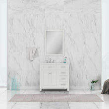 Alya Bath Norwalk 36" Single White Freestanding  Bathroom Vanity With Drawers, Carrara Marble Top and Ceramic Sink and Wall Mounted Mirror - HE-101-36-DR-W-CWMT + HE-101/102-36-W-M