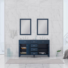 Alya Bath Norwalk 60" Double Blue Freestanding Bathroom Vanity With Carrara Marble Top, Ceramic Sinks and Two Mirrors - HE-101-60D-B-CWMT + 2x HE-101/102-24-B-M