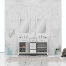 Alya Bath Norwalk 60" Double White Freestanding  Bathroom Vanity With Carrara Marble Top, Ceramic Sink and Two Mirrors - HE-101-60D-W-CWMT + 2x HE-101/102-24-W-M