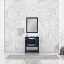 Alya Bath Wilmington 30" Single Blue Freestanding  Bathroom Vanity With Carrara Marble Top, Ceramic Sink and Wall Mounted Mirror - HE-102-30-B-CWMT+HE-101/102-30-B-M