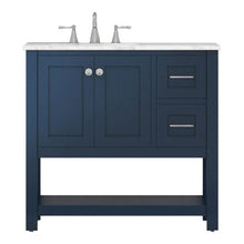 Alya Bath Wilmington 36" Single Blue Freestanding  Bathroom Vanity With Carrara Marble Top, Ceramic Sink and Wall Mounted Mirror - HE-102-36-B-CWMT+HE-101/102-36-B-M
