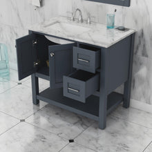 Alya Bath Wilmington 36" Single Gray Freestanding  Bathroom Vanity With Carrara Marble Top, Ceramic Sink and Wall Mounted Mirror - HE-102-36-G-CWMT+HE-101/102-36-G-M