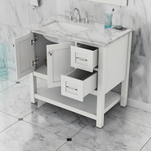 Alya Bath Wilmington 36" Single White Freestanding  Bathroom Vanity With Carrara Marble Top, Ceramic Sink and Wall Mounted Mirror - HE-102-36-W-CWMT+HE-101/102-36-W-M