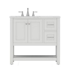 Alya Bath Wilmington 36" Single White Freestanding  Bathroom Vanity With Carrara Marble Top, Ceramic Sink and Wall Mounted Mirror - HE-102-36-W-CWMT+HE-101/102-36-W-M
