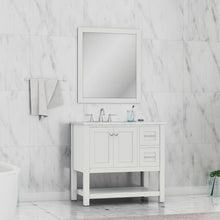 Alya Bath Wilmington 36" Single White Freestanding  Bathroom Vanity With Carrara Marble Top, Ceramic Sink and Wall Mounted Mirror - HE-102-36-W-CWMT+HE-101/102-36-W-M