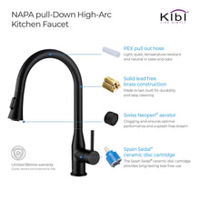 KIBI Napa Single Handle High Arc Pull Down Kitchen Faucet in Matte Black Finish - KKF2005MB