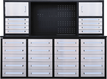 Chery Industrial 7ft Garage Workbench Cabinet (28 Drawers & Pegboard)
